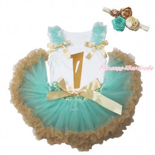 White Baby Pettitop Aqua Blue Ruffles Goldenrod Bows & 1st Sparkle Gold Birthday Number Painting & Aqua Blue Goldenrod Newborn Pettiskirt NG1789