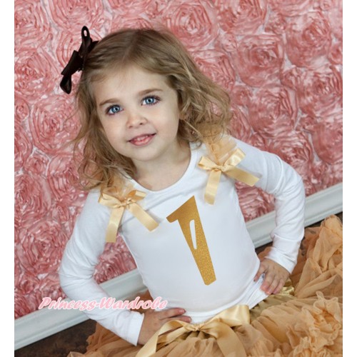 White Tank Top Goldenrod Ruffles & Bow & 1st Sparkle Gold Birthday Number Print TB1247