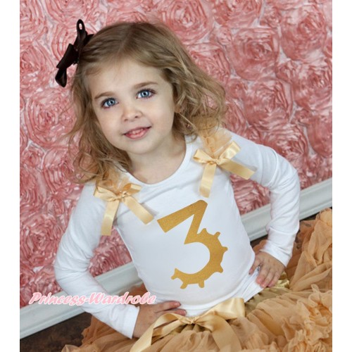 White Tank Top Goldenrod Ruffles & Bow & 3rd Sparkle Gold Birthday Number Print TB1249