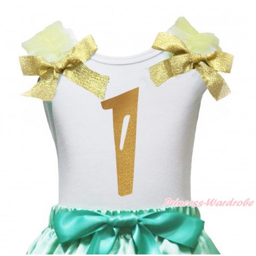 White Tank Top Yellow Ruffles Goldenrod Bow & 1st Sparkle Gold Birthday Number Painting TB1253
