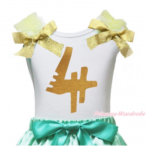 White Tank Top Yellow Ruffles Goldenrod Bow & 4th Sparkle Gold Birthday Number Painting TB1256
