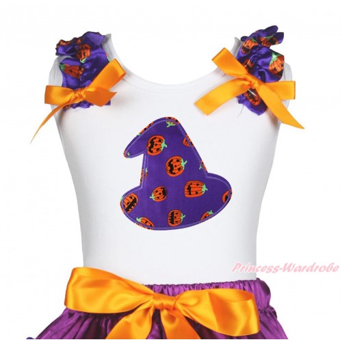 Halloween White Tank Top Purple Pumpkin Ruffles Orange Bow & Purple Pumpkin Hat Print TB1262