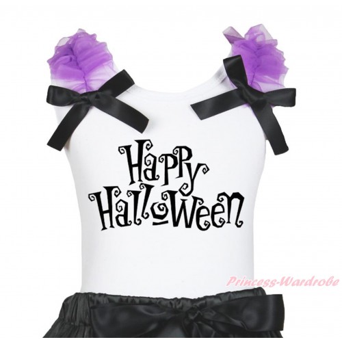 Halloween White Tank Top Dark Purple Ruffles Black Bow & Happy Halloween Print TB1264