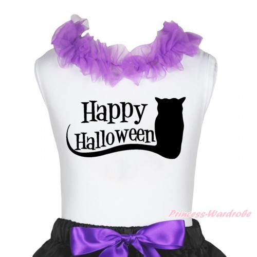 Halloween White Tank Top Dark Purple Lacing & Happy Halloween Owl Print TB1268