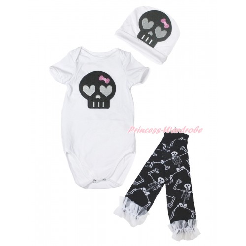 Halloween White Baby Jumpsuit Black Skeleton Print & Cap & White Ruffles Black White Skeleton Bones Leg Warmer Set TH619