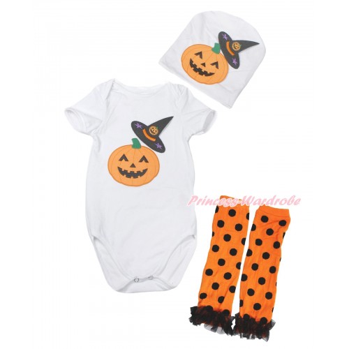 Halloween White Baby Jumpsuit Witch Hat & Pumpkin Print & Cap & Black Ruffles Orange Black Dots Leg Warmer Set TH620