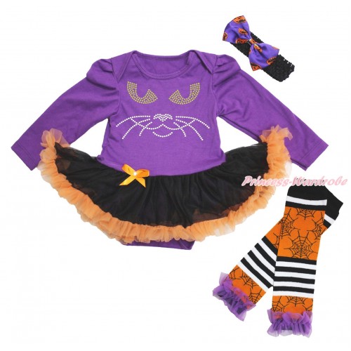 Halloween Dark Purple Long Sleeve Bodysuit Black Orange Pettiskirt & Rhinestone Black Cat Face & Headband & Leg Warmers JS4709