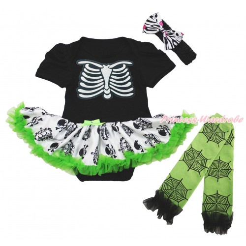 Halloween Black Bodysuit Crown Skeleton Pettiskirt & Skeleton Rib Print & Headband & Warmers Leggings JS4710