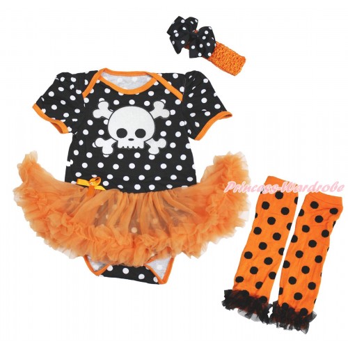 Halloween Black White Dots Bodysuit Orange Pettiskirt & White Skeleton Print & Headband & Warmers Leggings JS4711