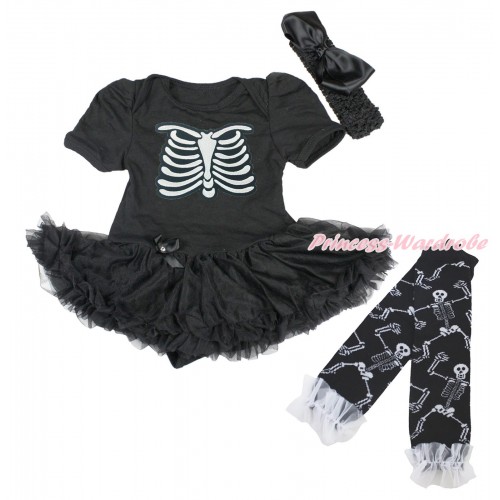 Halloween Black Bodysuit Pettiskirt & Skeleton Rib Print & Headband & Warmers Leggings JS4712
