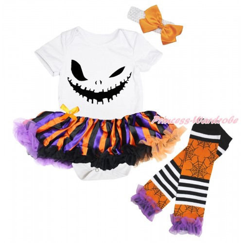 Halloween White Bodysuit Orange Purple Black Striped Pettiskirt & Ghost Face Print & Headband & Warmers Leggings JS4713