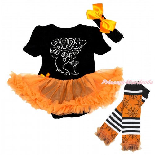 Halloween Black Bodysuit Orange Pettiskirt & Rhinestone BOOS! Print & Headband & Warmers Leggings JS4714