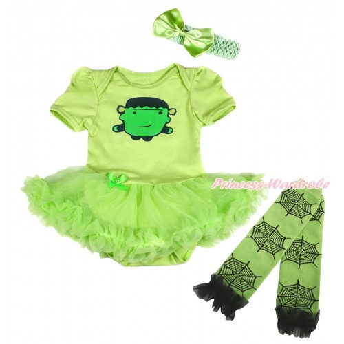 Halloween Light Green Bodysuit Pettiskirt & Frankenstein Print & Headband & Warmers Leggings JS4717