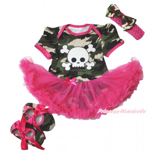 Halloween Camouflage Bodysuit Jumpsuit Hot Pink Pettiskirt & White Skeleton Print & Hot Pink Headband Camouflage Satin Bow & Hot Pink Ribbon Camouflage Shoes JS4725