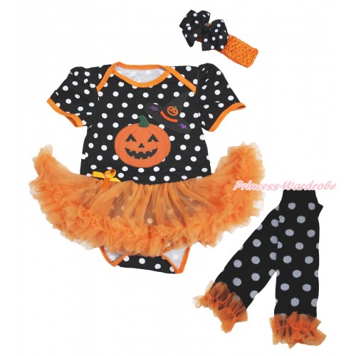 Halloween Black White Dots Bodysuit Orange Pettiskirt & Witch Hat & Pumpkin Print & Headband & Warmers Leggings JS4728