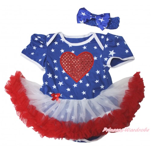 Valentine's Day American Stars Baby Bodysuit White Red Pettiskirt & Sparkle Red Heart Print JS4736