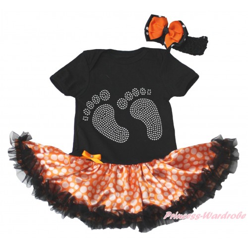 Black Baby Bodysuit Orange White Dots Black Pettiskirt & Sparkle Rhinestone Foot Print JS4739