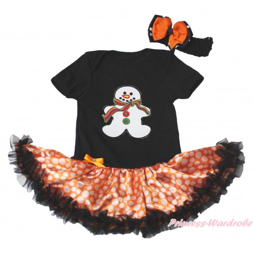 Xmas Black Baby Bodysuit Orange White Dots Black Pettiskirt & Gingerbread Snowman Print JS4741
