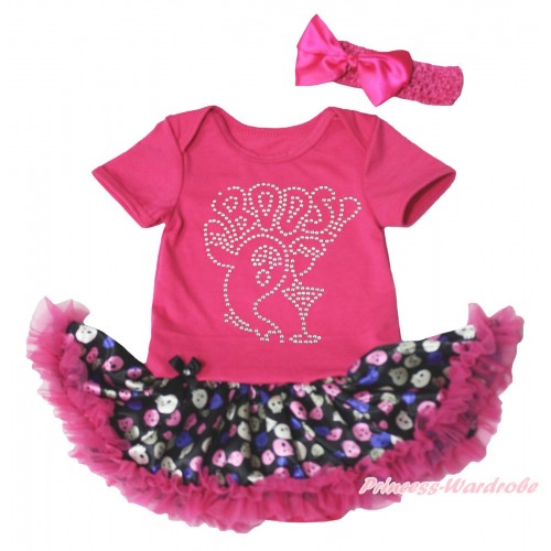 Halloween Hot Pink Baby Bodysuit Rainbow Skeleton Pettiskirt & Sparkle Rhinestone BOOS! Print JS4744