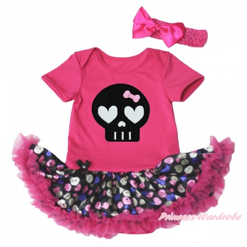 Halloween Hot Pink Baby Bodysuit Rainbow Skeleton Pettiskirt & Black Skeleton Print JS4745