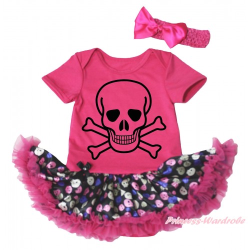 Halloween Hot Pink Baby Bodysuit Rainbow Skeleton Pettiskirt & Smile Skeleton Print JS4748