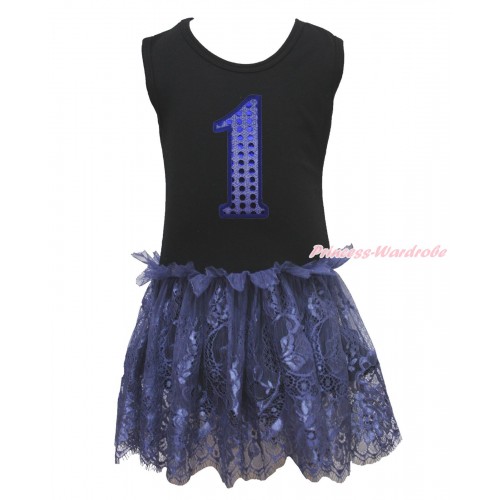Black Sleeveless Navy Blue Lace ONE-PIECE Party Dress & 1st Sparkle Royal Blue Birthday Number LP224