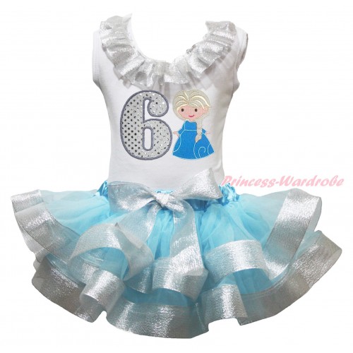 White Tank Top Sparkle Silver Grey Lacing & 6th Sparkle White Birthday Number Princess Elsa & Light Blue Sparkle Silver Grey Trimmed Pettiskirt MG1830