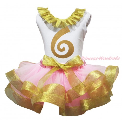 White Tank Top Sparkle Gold Lacing & 6th Sparkle Gold Birthday Number Painting & Light Pink Sparkle Gold Trimmed Pettiskirt MG1846