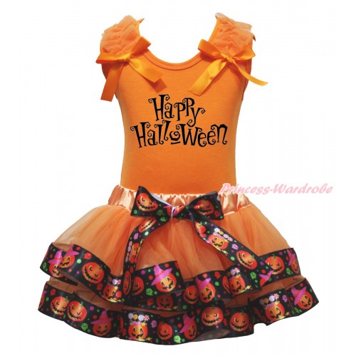 Halloween Orange Baby Pettitop Ruffles Bow & Happy Halloween Print & Orange Black Pumpkin Trimmed Baby Pettiskirt NG1813