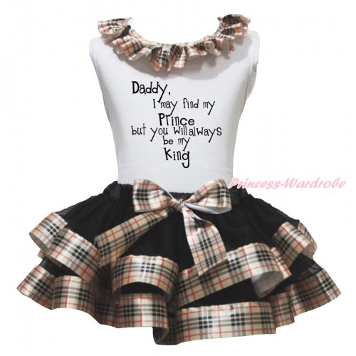 White Baby Pettitop Gold Black Checked Lacing & Daddy Always Be My King Print & Black Gold Black Checked Trimmed Newborn Pettiskirt NG1826