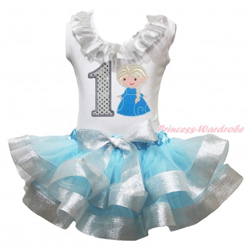 White Baby Pettitop Sparkle Silver Grey Lacing & 1st Sparkle White Birthday Number Princess Elsa Print & Light Blue Sparkle Silver Grey Trimmed Newborn Pettiskirt NG1829