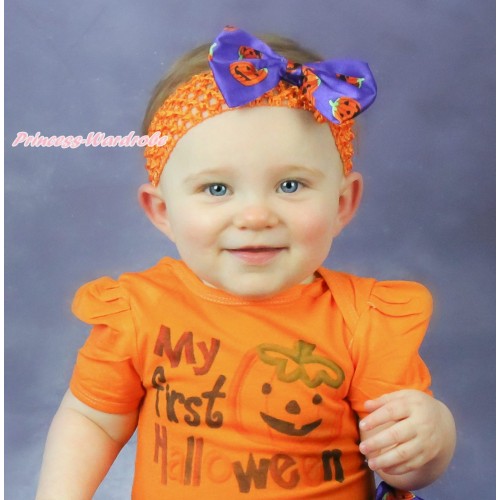 Halloween Orange Headband & Purple Pumpkin Satin Bow Hair Clip H913