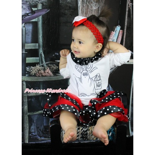 Halloween White Top Black White Dots Lacing & BOO! Print & Red Black White Dots Trimmed Pettiskirt MG1832