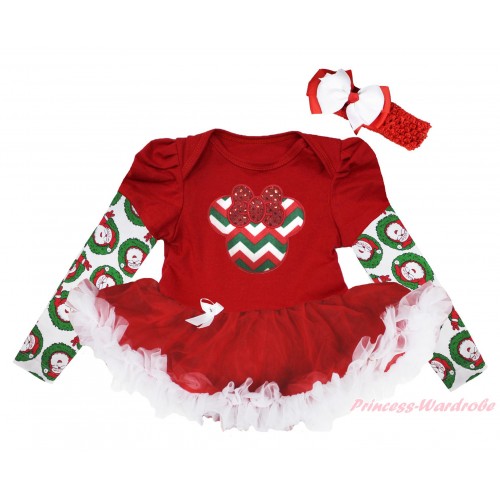 Christmas Max Style Long Sleeve Red Baby Bodysuit Red White Pettiskirt & Red White Green Chevron Minnie Print JS4848