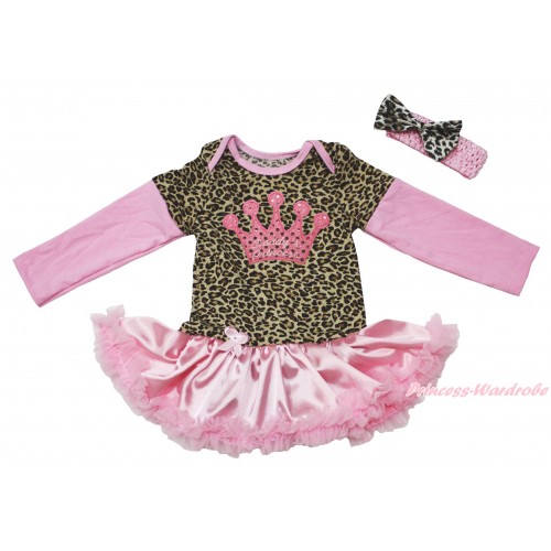 Max Style Long Sleeve Leopard Baby Bodysuit Light Pink Satin Pettiskirt & Sparkle Pink Daddy's Princess Crown Print JS4855
