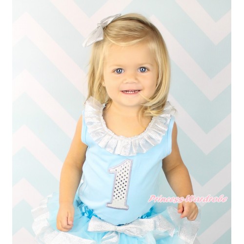 Light Blue Tank Top Sparkle Silver Grey Lacing & 1st Sparkle White Birthday Number Print TB1351