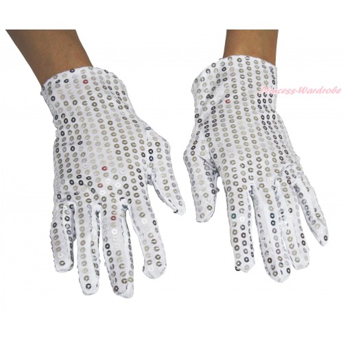 White Sparkle Bling Sequins Adult Gloves Party Costume C422