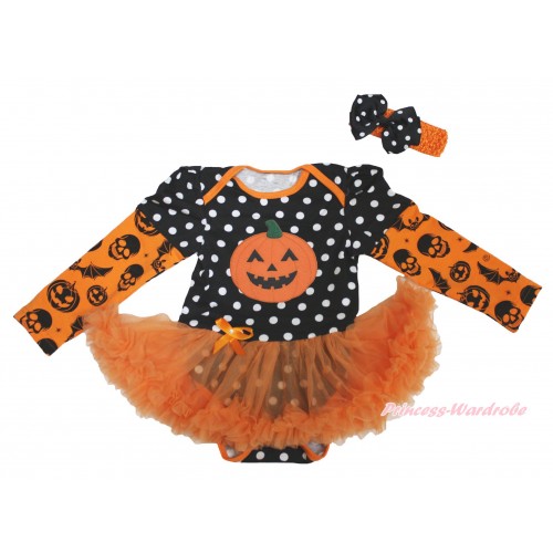 Halloween Max Style Long Sleeve Black White Dots Baby Bodysuit Orange Pettiskirt & Pumpkin Print JS4751
