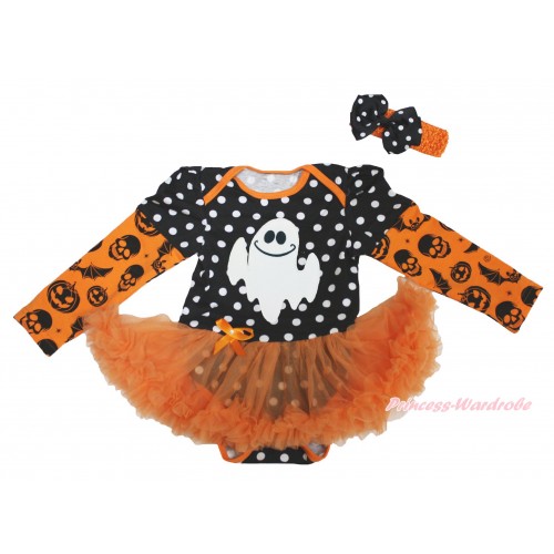 Halloween Max Style Long Sleeve Black White Dots Baby Bodysuit Orange Pettiskirt & White Ghost Print JS4773