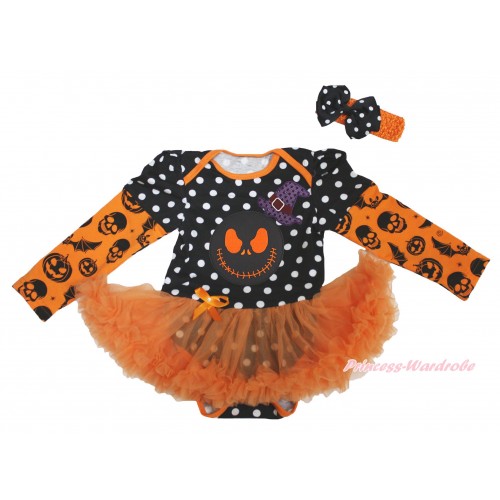 Halloween Max Style Long Sleeve Black White Dots Baby Bodysuit Orange Pettiskirt & Sparkle Hat Nightmare Before Christmas Jack Print JS4774