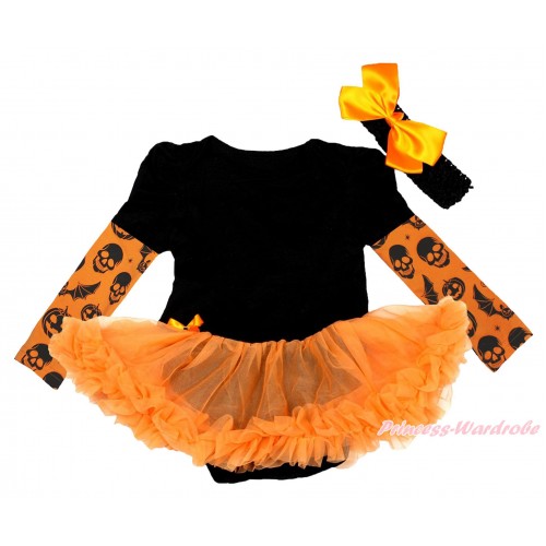 Halloween Max Style Long Sleeve Black Baby Bodysuit Orange Pettiskirt JS4775