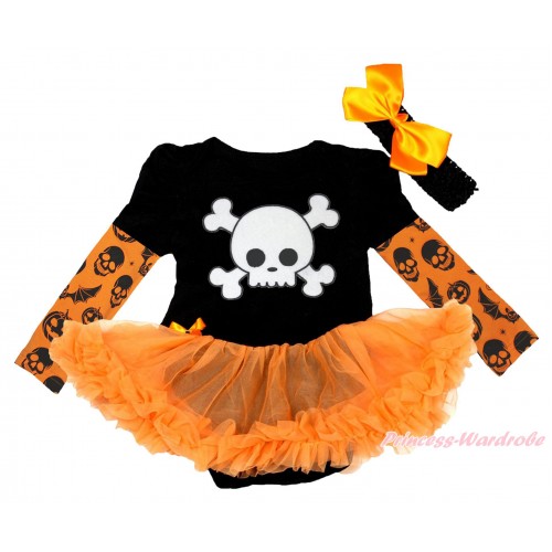 Halloween Max Style Long Sleeve Black Baby Bodysuit Orange Pettiskirt & White Skeleton Print JS4777