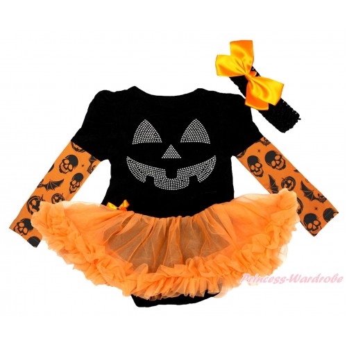 Halloween Max Style Long Sleeve Black Baby Bodysuit Orange Pettiskirt & Rhinestone Pumpkin Face Print JS4779