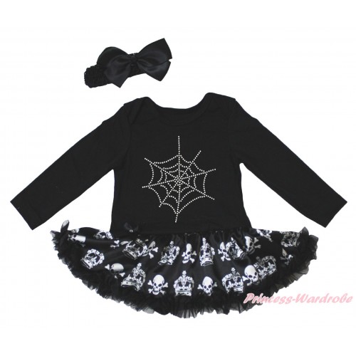 Halloween Black Long Sleeve Bodysuit Black Crown Skeleton Pettiskirt & Sparkle Rhinestone Spider Web Print JS4781
