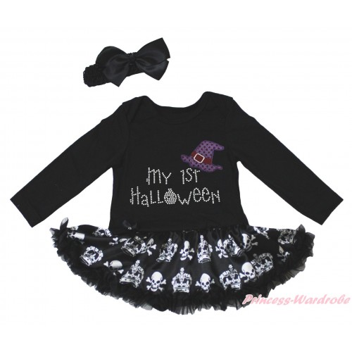 Halloween Black Long Sleeve Bodysuit Black Crown Skeleton Pettiskirt & Sparkle Hat Rhinestone My 1st Halloween Print JS4783