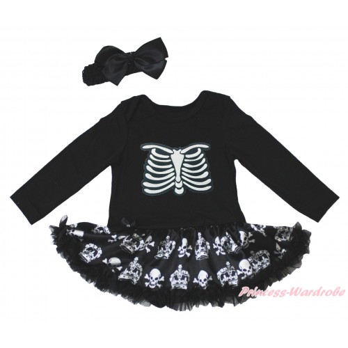 Halloween Black Long Sleeve Bodysuit Black Crown Skeleton Pettiskirt & Skeleton Rib Print JS4784