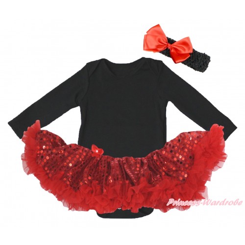 Black Long Sleeve Baby Bodysuit Bling Red Sequins Pettiskirt JS4865