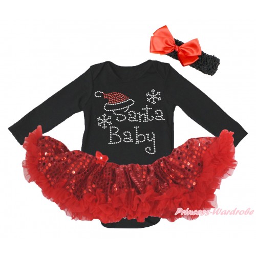 Christmas Black Long Sleeve Bodysuit Bling Red Sequins Pettiskirt & Sparkle Rhinestone Santa Baby Print JS4870