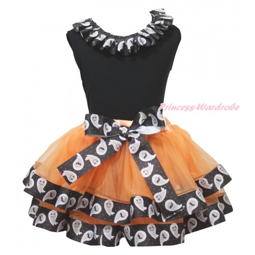 Halloween Black Baby Pettitop White Ghost Lacing & Orange White Ghost Trimmed Baby Pettiskirt NG1851