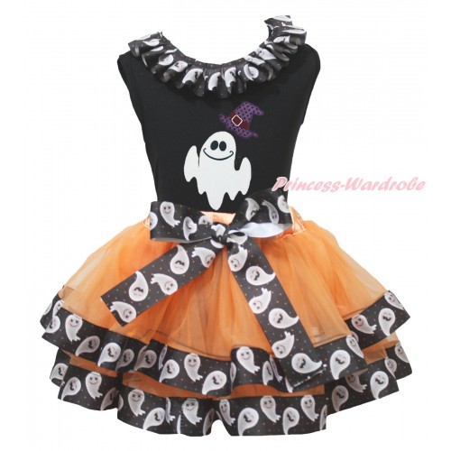 Halloween Black Baby Pettitop White Ghost Lacing & Sparkle Hat White Ghost Print & Orange White Ghost Trimmed Newborn Pettiskirt NG1854